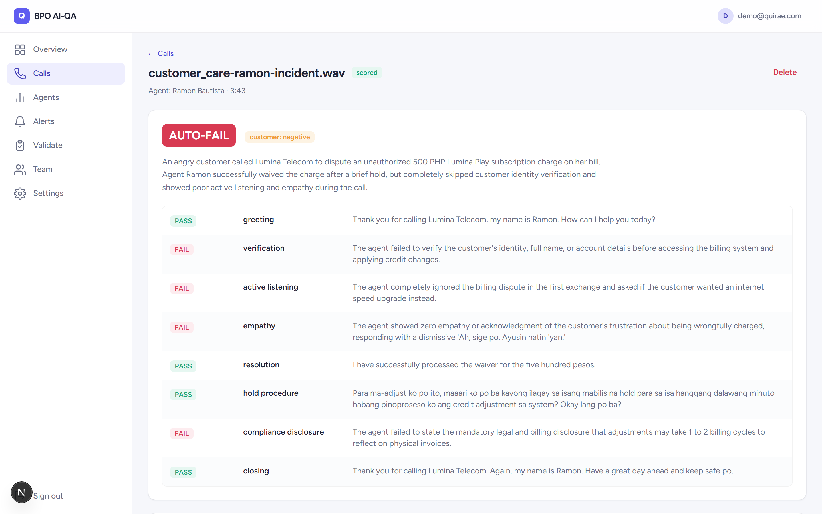 Call drill-down page with full transcript beside per-criterion pass and fail results and evidence quotes